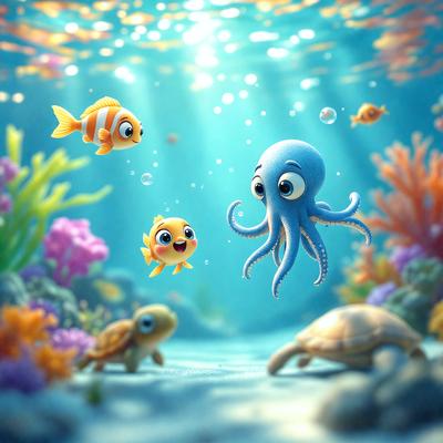 The primary subject of the image is a group of colorful sea creatures, including a clownfish, an octopus, and a turtle, swimming together in a vibrant underwater environment. The setting is a lively aquarium, with a variety of fish and other sea creatures visible in the background. The visual style is a combination of photo and digital art, creating a realistic and engaging scene. The colors and mood of the image are bright, lively, and cheerful, reflecting